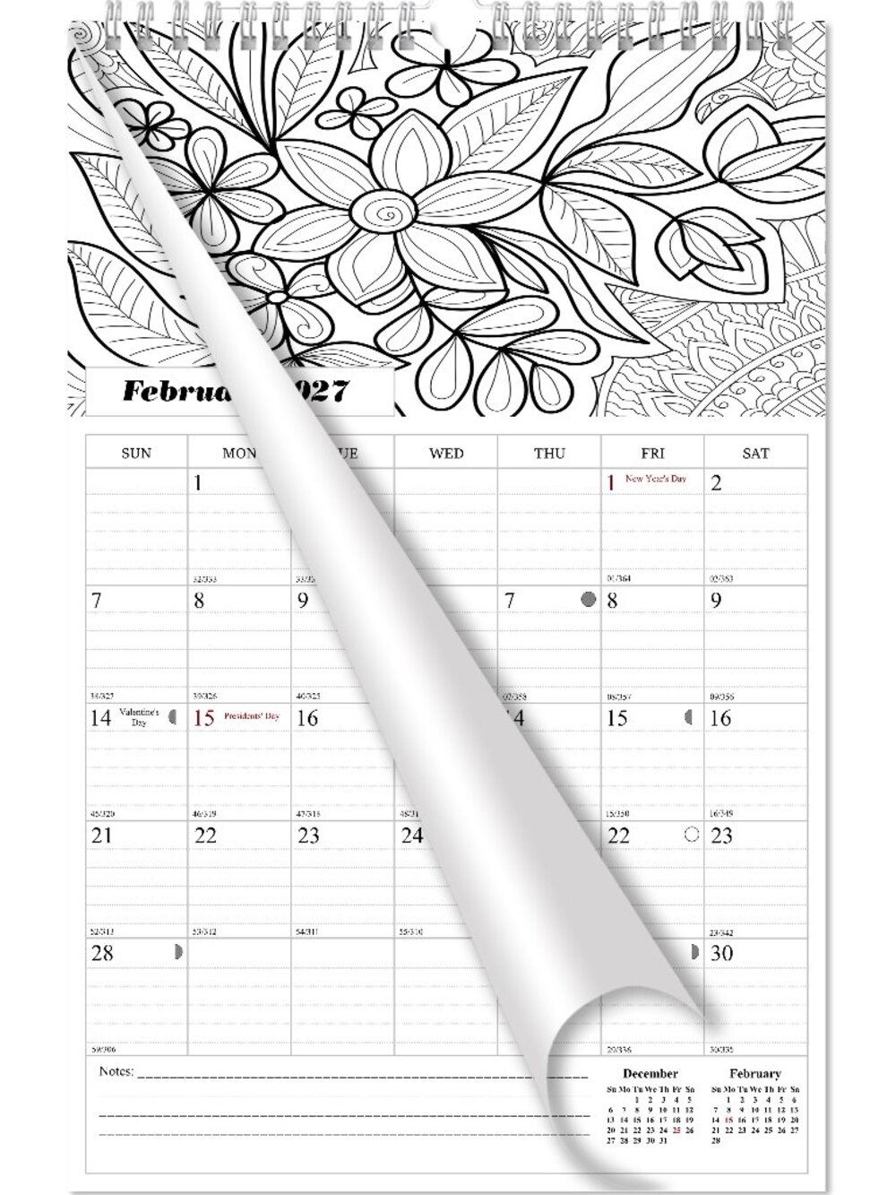 2027 Wall Coloring Calendar Spiral-bound Twin - 12 Months (Flowers) 11" x 17"